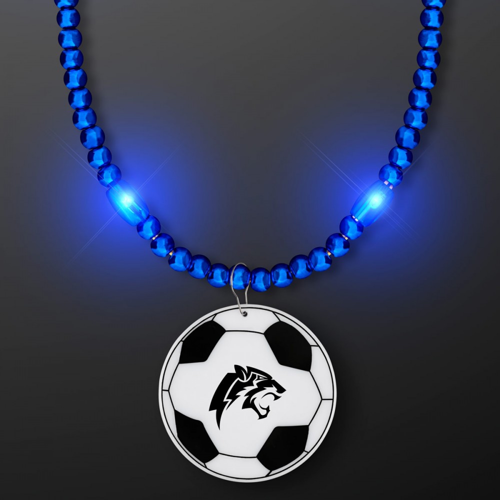 Custom Printed Blue LED Bead Necklace with Soccer Ball Medallion - Domestic Imprint