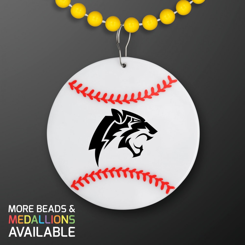Baseball Medallion with Yellow Beaded Necklace (Non Light Up) - Domestic Print Custom Printed