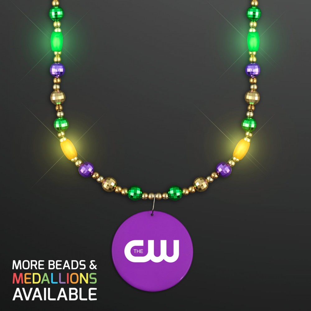 Custom Printed Glam Mardi Gras Beads LED Necklace with Purple Medallion - Domestic Print Custom Printed Glam Mardi Gras Beads LED Necklace with Purple Medallion - Domestic Print