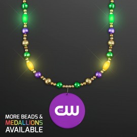 Custom Printed Glam Mardi Gras Beads LED Necklace with Purple Medallion - Domestic Print