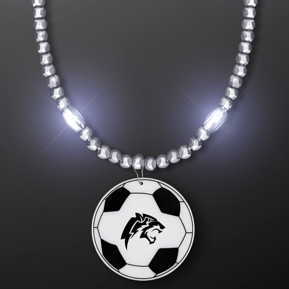 Silver LED Bead Necklace with Soccer Ball Medallion - Domestic Imprint Custom Printed Silver LED Bead Necklace with Soccer Ball Medallion - Domestic Imprint Custom Printed