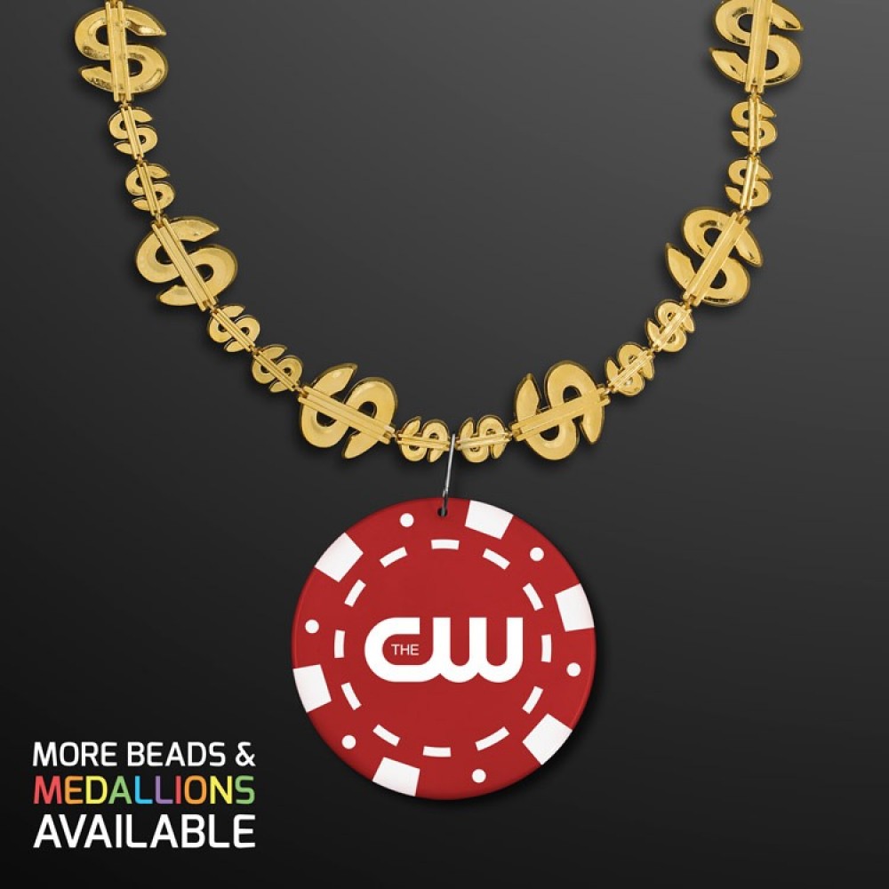 Gold Money Beads with RedPoker Chip Medallion (NO-Light) - PRINTED Logo Branded