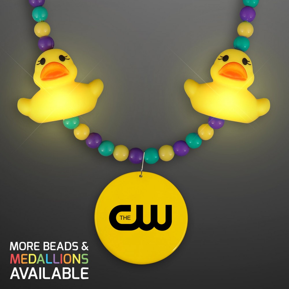 Logo Branded Light Up Rubber Ducky Beads Necklace with Yellow Medallion - PRINTED
