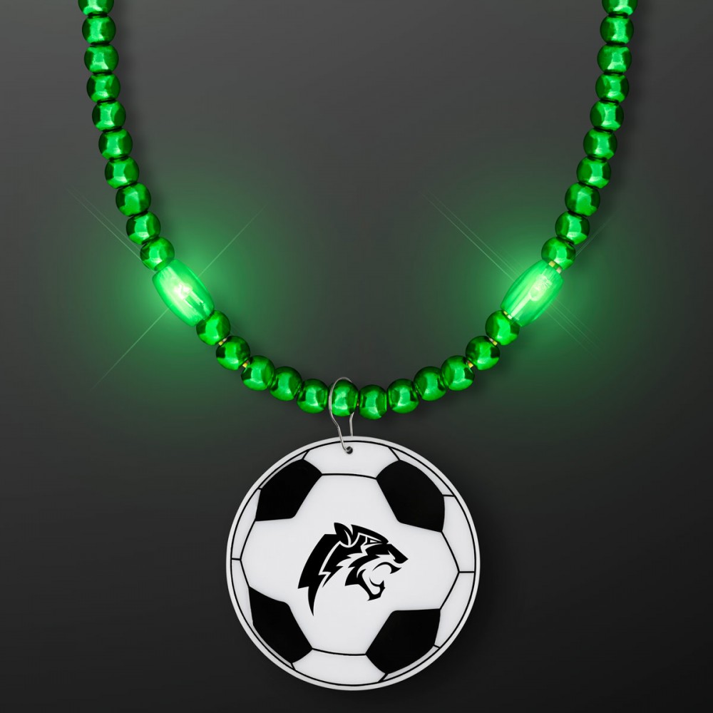 Logo Branded Green LED Bead Necklace with Soccer Ball Medallion - Domestic Imprint