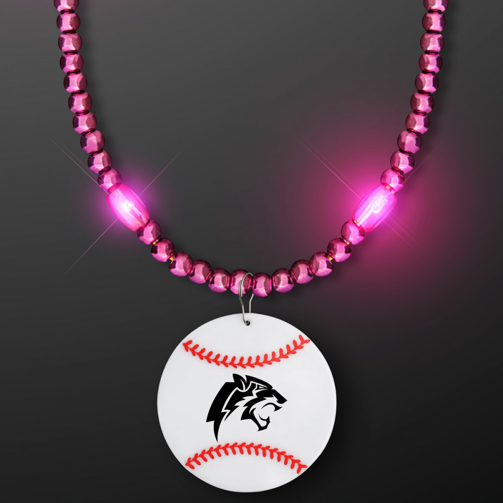 Pink LED Bead Necklace with Baseball Medallion - Domestic Imprint Custom Imprinted Pink LED Bead Necklace with Baseball Medallion - Domestic Imprint Custom Imprinted