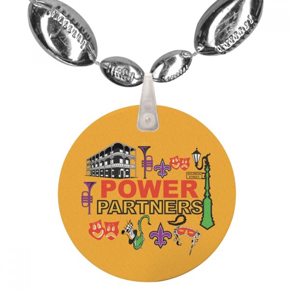 Football Shaped Combo Mardi Gras Beads with Imprint on Disk Logo Branded