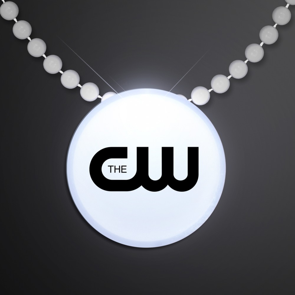 Logo Branded White LED Circle Badge with Beads - Overseas Imprint Logo Branded White LED Circle Badge with Beads - Overseas Imprint