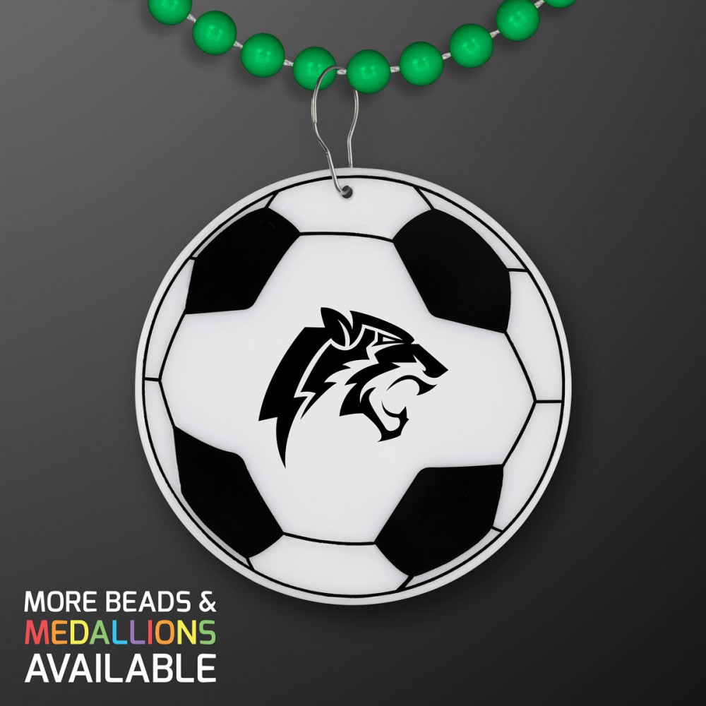 Custom Imprinted Soccer Ball Medallion with Green Beaded Necklace (Non Light Up) - Domestic Print