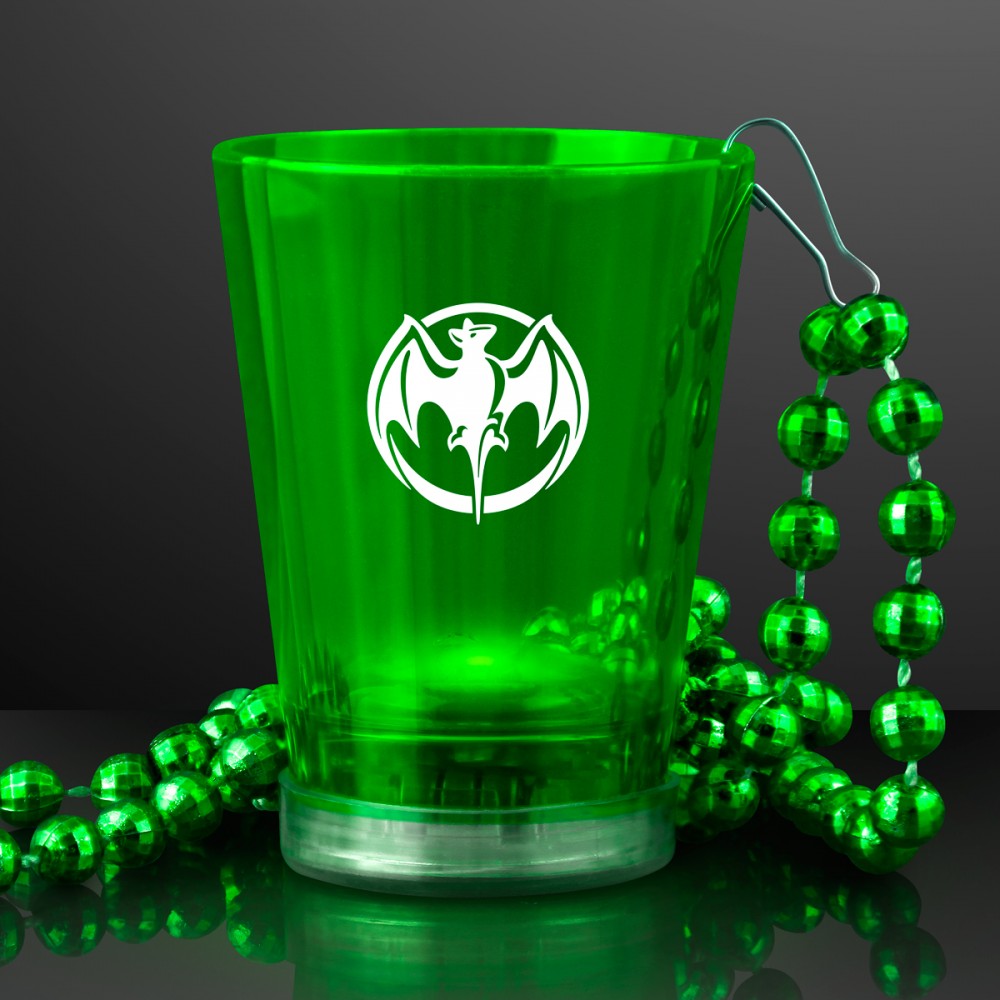 2 Oz. Custom Green Light Up Shot Glass w/ Bead Necklace Logo Branded 2 Oz. Custom Green Light Up Shot Glass w/ Bead Necklace Logo Branded
