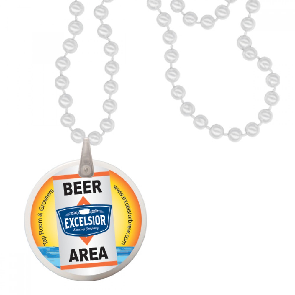 Custom Imprinted Round Mardi Gras Beads with Decal on Disk - Pearl White Custom Imprinted Round Mardi Gras Beads with Decal on Disk - Pearl White