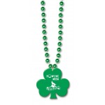 Green Bead Necklace w/A Shamrock Shaped Medallion w/ a Custom Direct Pad Print Custom Imprinted