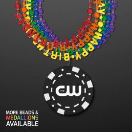 Custom Imprinted Happy Birthday Beads Necklaces with Black Poker Chip Medallion - PRINTED