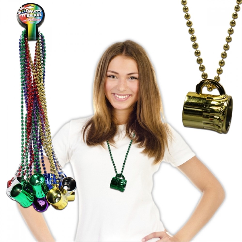 Custom Imprinted Toy Beer Mug Metallic Mardi Gras Beads Custom Imprinted Toy Beer Mug Metallic Mardi Gras Beads