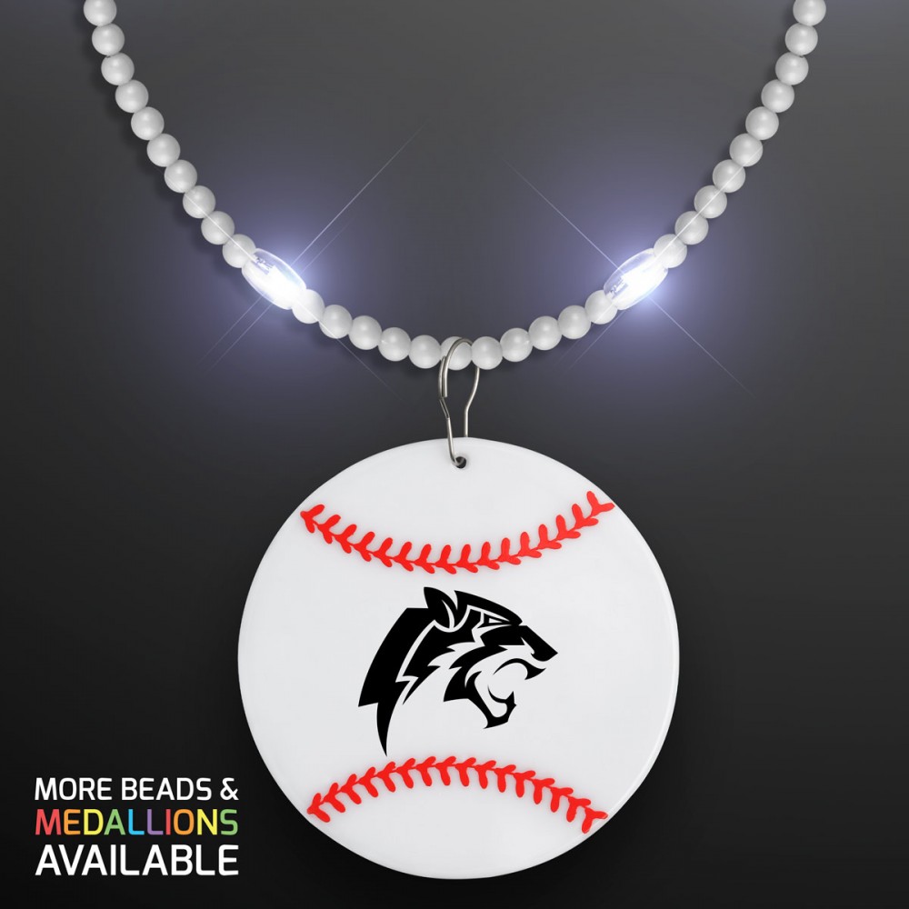 Custom Printed Still-Light White Beads with Baseball Medallion - Domestic Print Custom Printed Still-Light White Beads with Baseball Medallion - Domestic Print