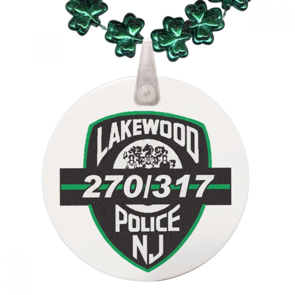 Clover Shaped Mardi Gras Beads with Imprint on Disk Custom Imprinted Clover Shaped Mardi Gras Beads with Imprint on Disk Custom Imprinted