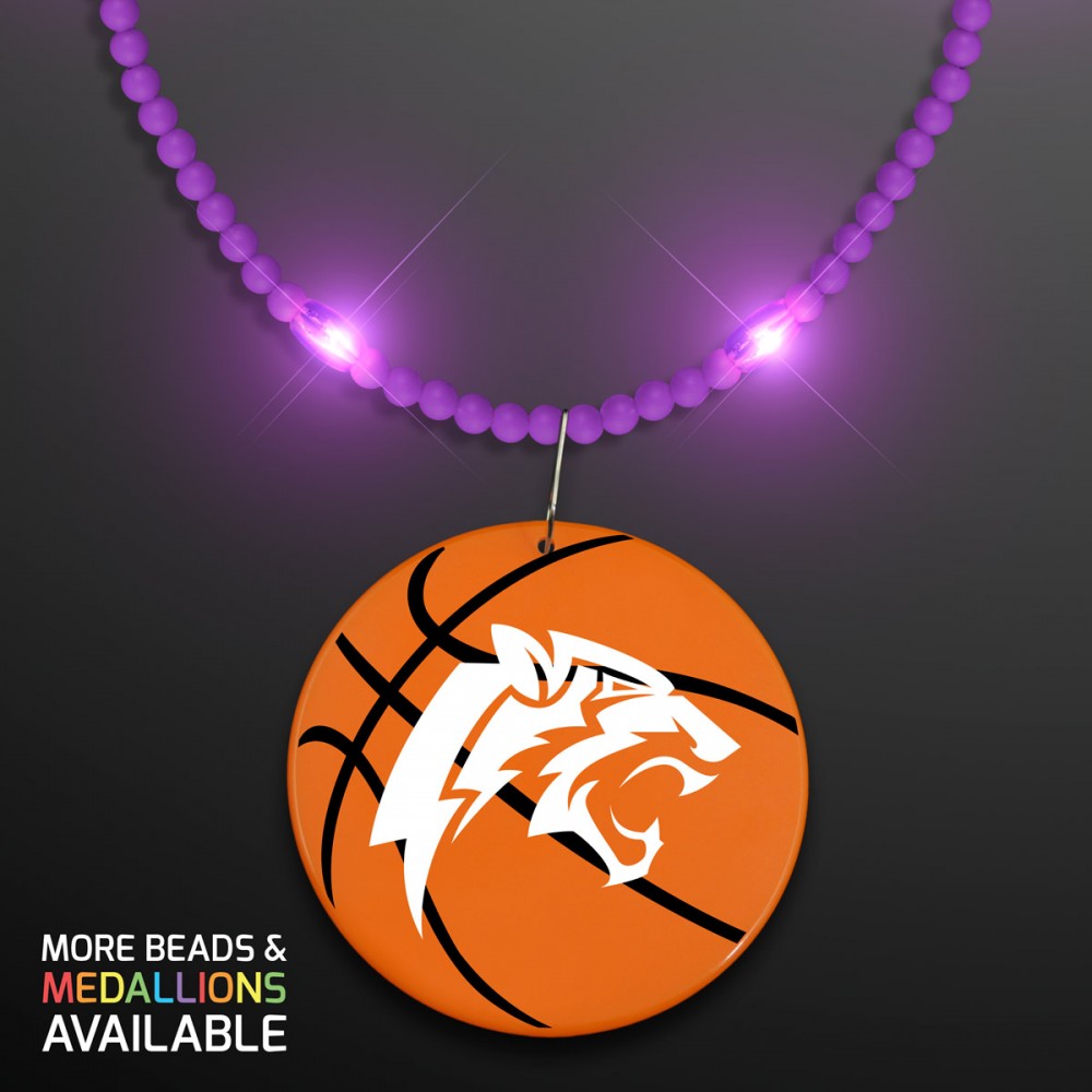 Logo Branded Still-Light Purple Beads with Basketball Medallion - Domestic Print