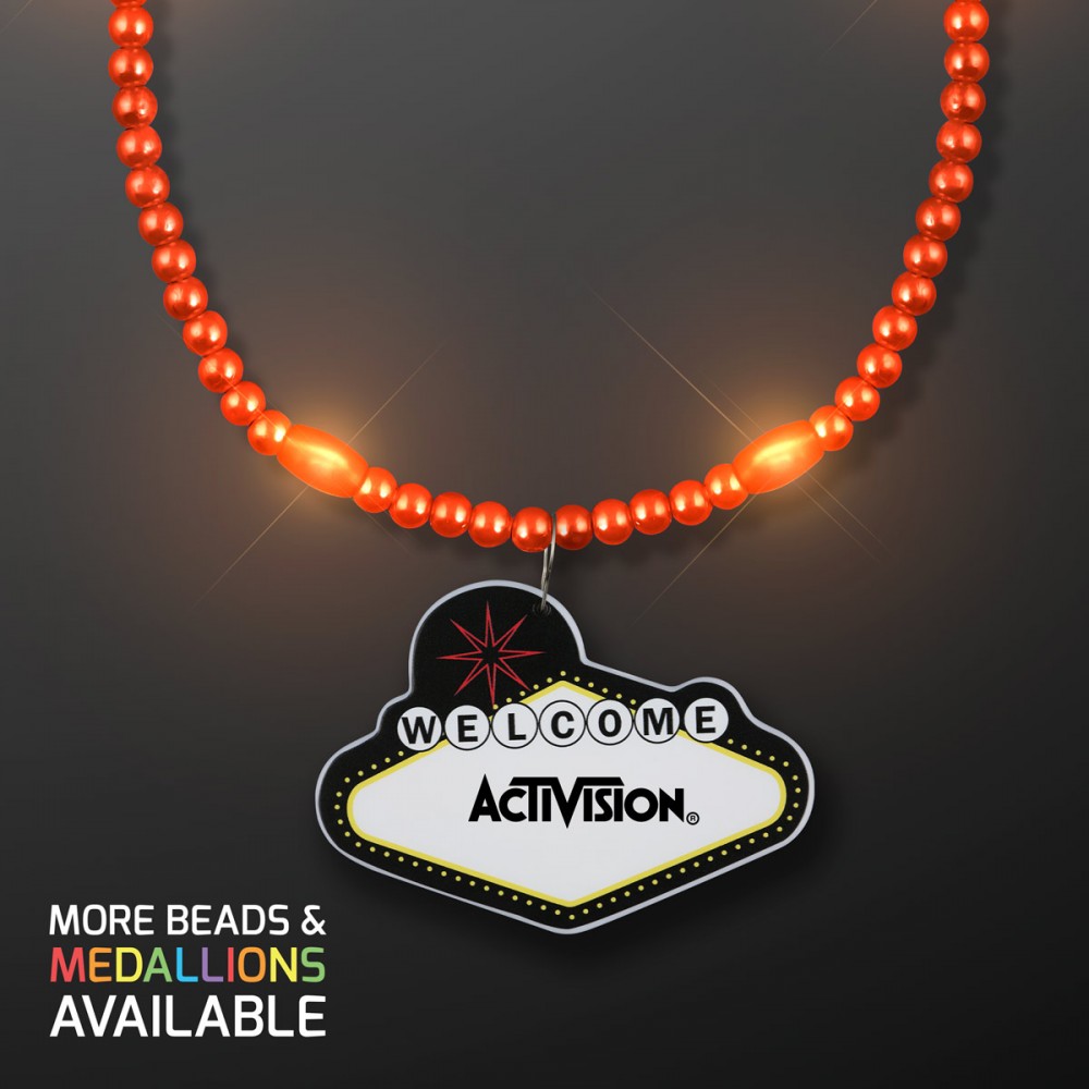 Orange LED Bead Necklace with Las Vegas Medallion Custom Imprinted Orange LED Bead Necklace with Las Vegas Medallion Custom Imprinted
