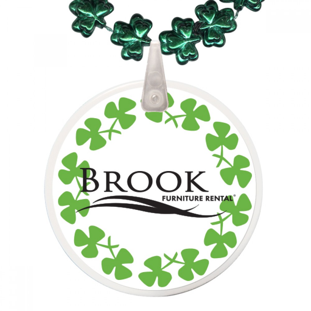 Custom Printed Clover Shaped Mardi Gras Beads with Decal on Disk Custom Printed Clover Shaped Mardi Gras Beads with Decal on Disk