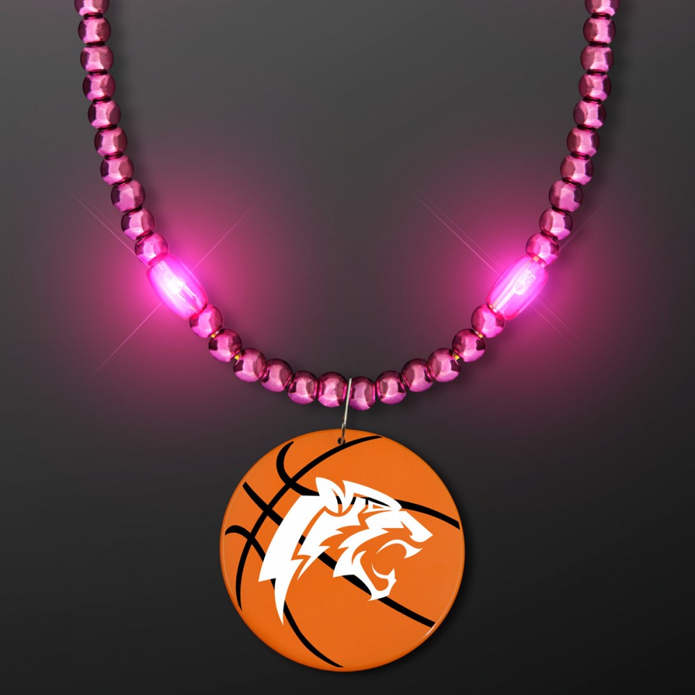 Pink LED Bead Necklace with Basketball Medallion - Domestic Imprint Logo Branded