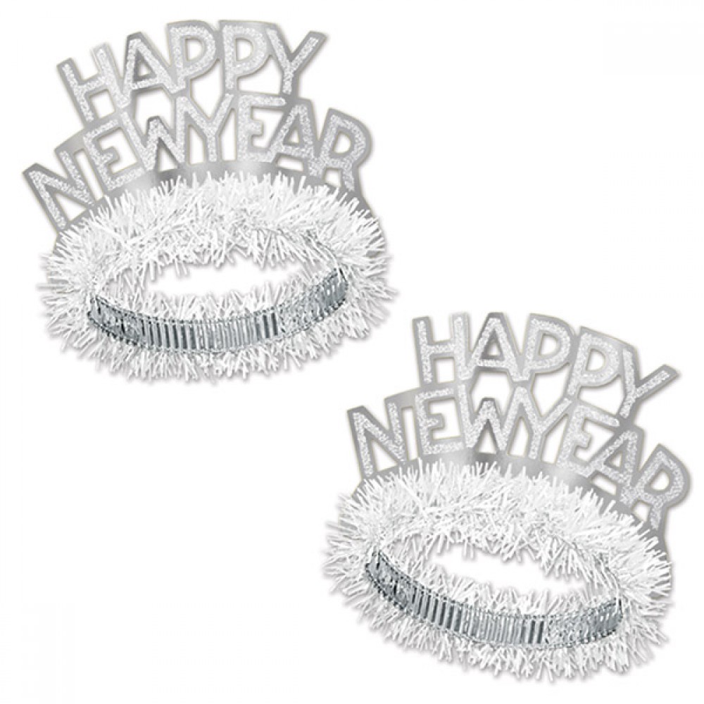White & Silver Happy New Year Regal Tiara Custom Engraved White & Silver Happy New Year Regal Tiara Custom Engraved