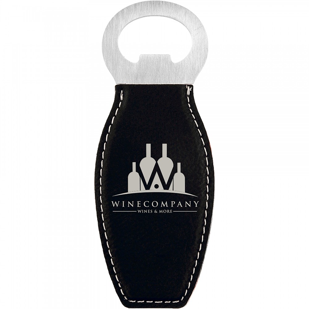 Custom Printed Black-Silver Leatherette Bottle Opener with Magnet, Laserable