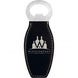 Custom Imprinted Black-Silver Leatherette Bottle Opener with Magnet, Laserable