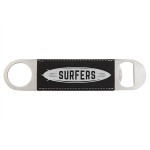 Black-Silver 1-1/2"x7" Oval Rectangle Bottle Opener, Laserable Leatherette Custom Printed