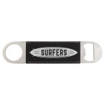 Black-Silver 1-1/2"x7" Oval Rectangle Bottle Opener, Laserable Leatherette Custom Printed