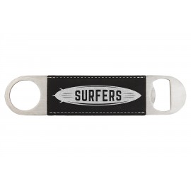 Logo Branded Black-Silver 1-1/2"x7" Oval Rectangle Bottle Opener, Laserable Leatherette  Logo Branded Black-Silver 1-1/2"x7" Oval Rectangle Bottle Opener, Laserable Leatherette