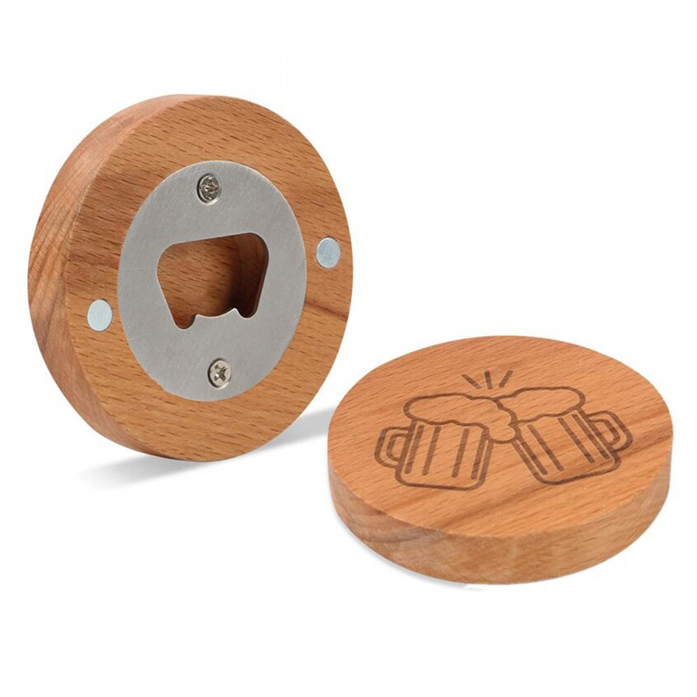 Round Wooden Bottle Opener With Magnet Custom Printed
