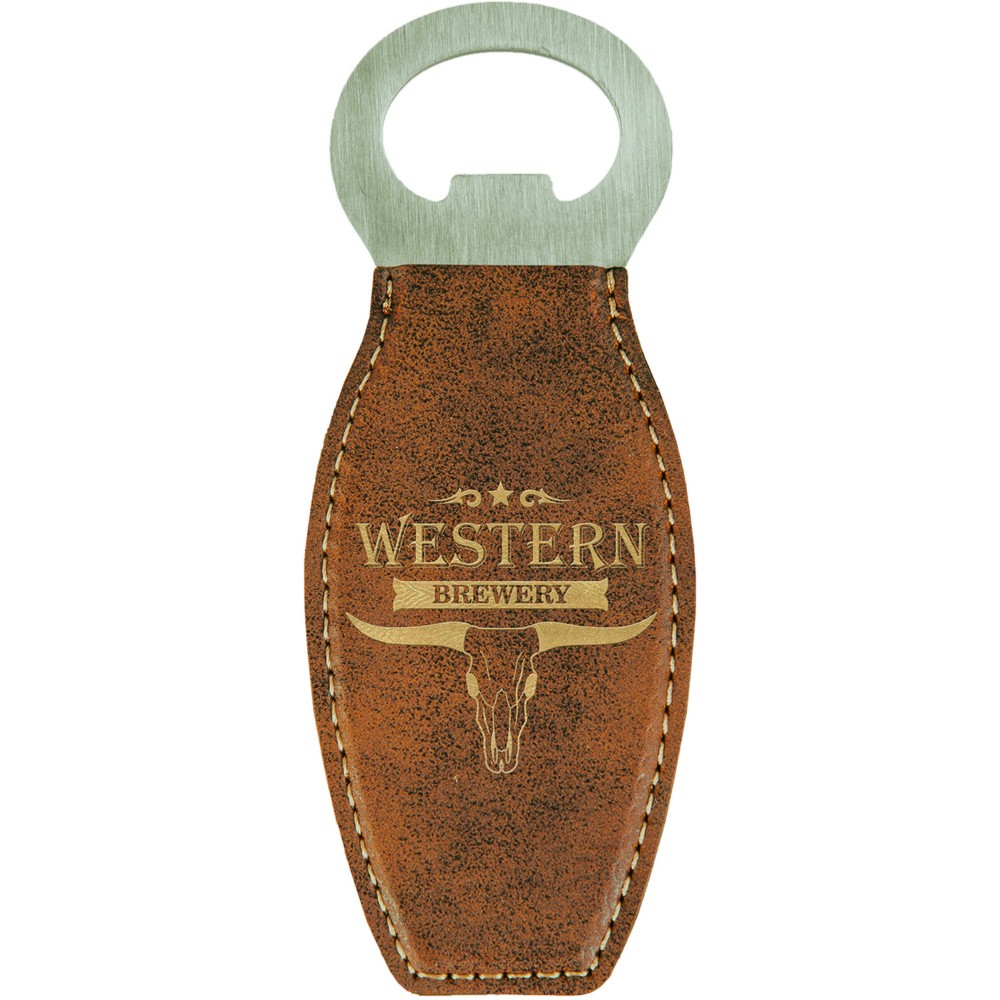 4.625" Rustic/Gold Leatherette Bottle Opener w/Magnet Custom Imprinted