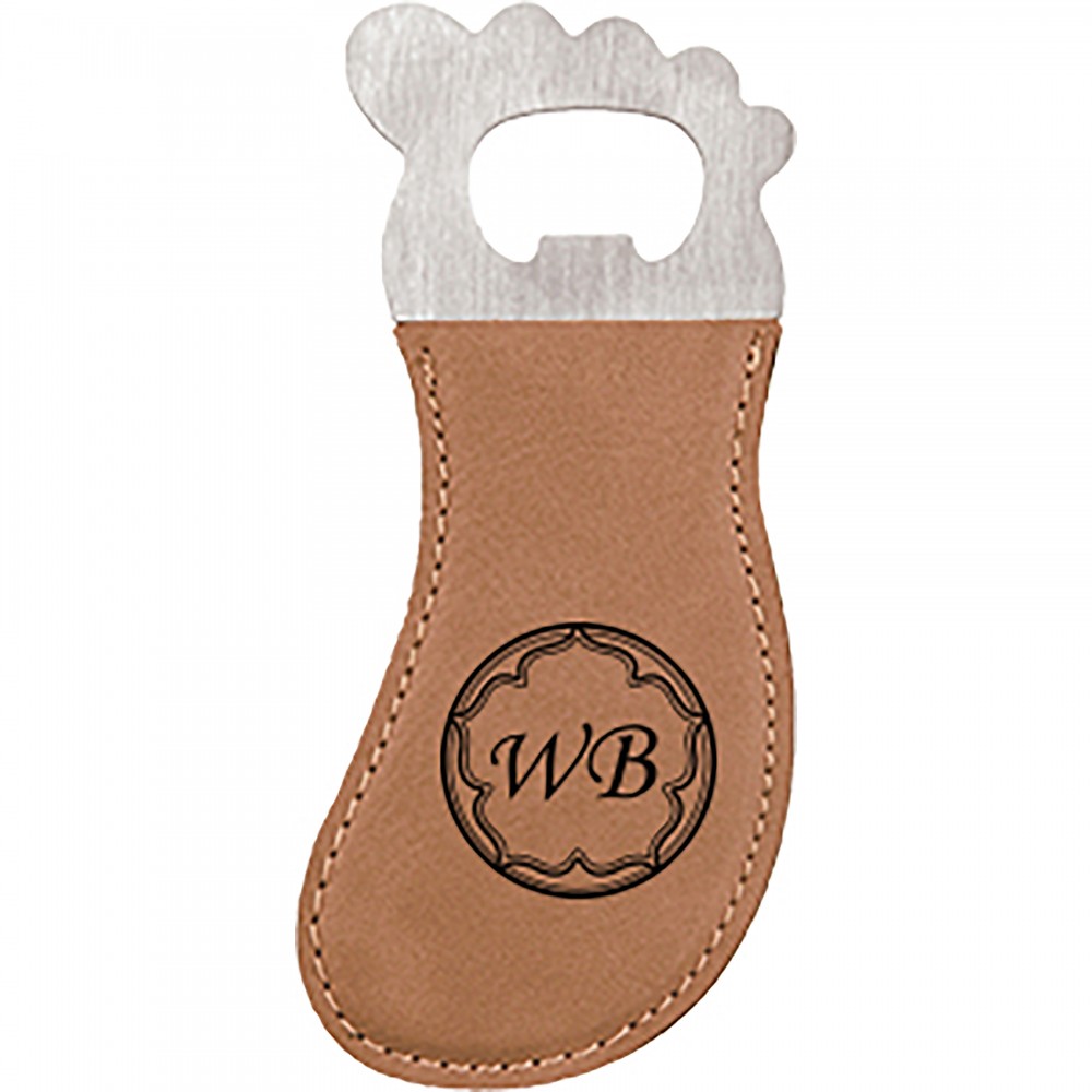 Light Brown Leatherette Foot-Shaped Bottle Opener with Magnet, Laserable Custom Printed