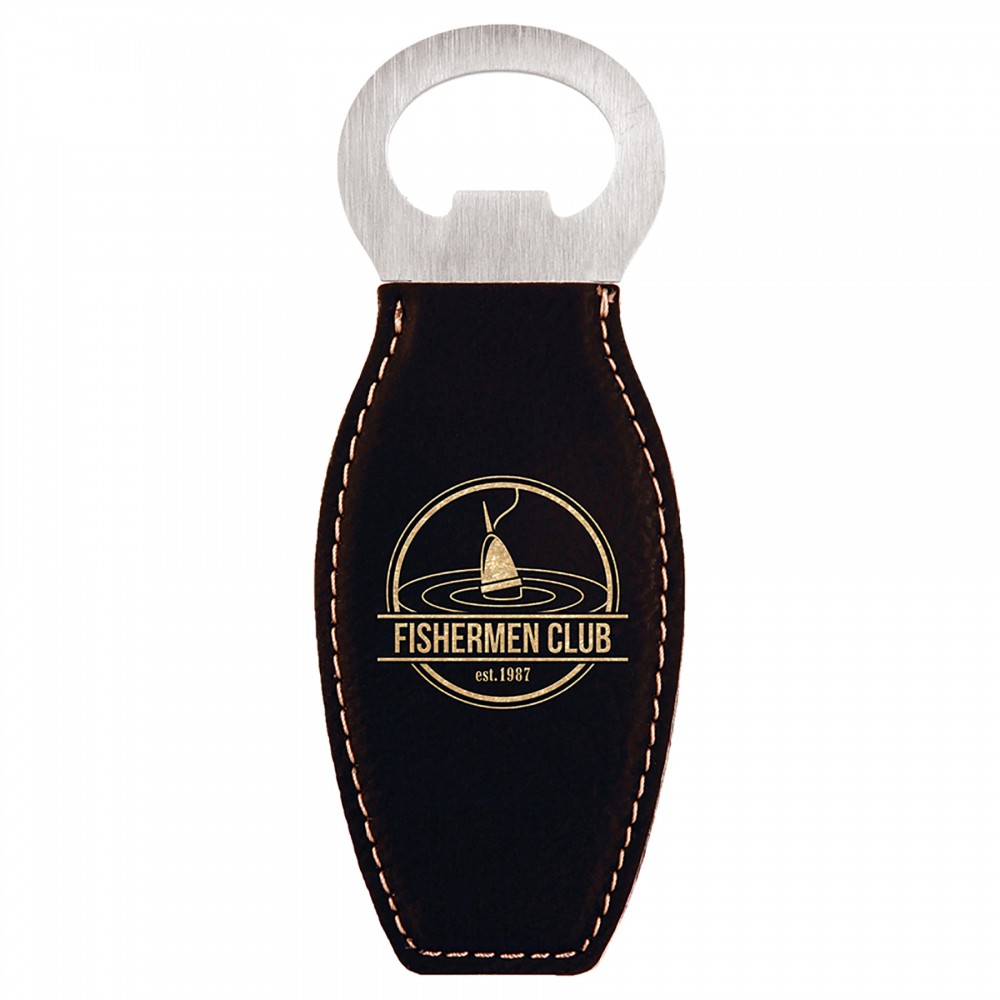 Black-Gold Leatherette Bottle Opener with Magnet, Laserable Custom Imprinted