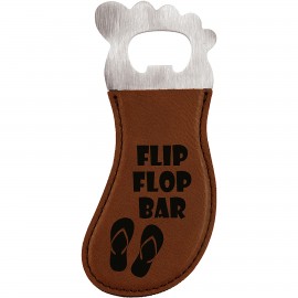 Dark Brown Leatherette Foot-Shaped Bottle Opener with Magnet, Laserable Custom Printed  Dark Brown Leatherette Foot-Shaped Bottle Opener with Magnet, Laserable Custom Printed