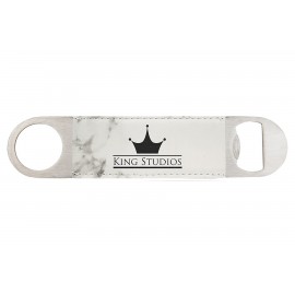 Custom Imprinted White Marble 1-1/2"x7" Oval Rectangle Bottle Opener, Laserable Leatherette