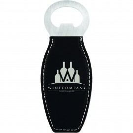 4 5/8" Black/Silver Leatherette Bottle Opener w/Magnet Custom Printed
