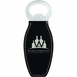 Promotional 4 5/8" Black/Silver Leatherette Bottle Opener w/Magnet