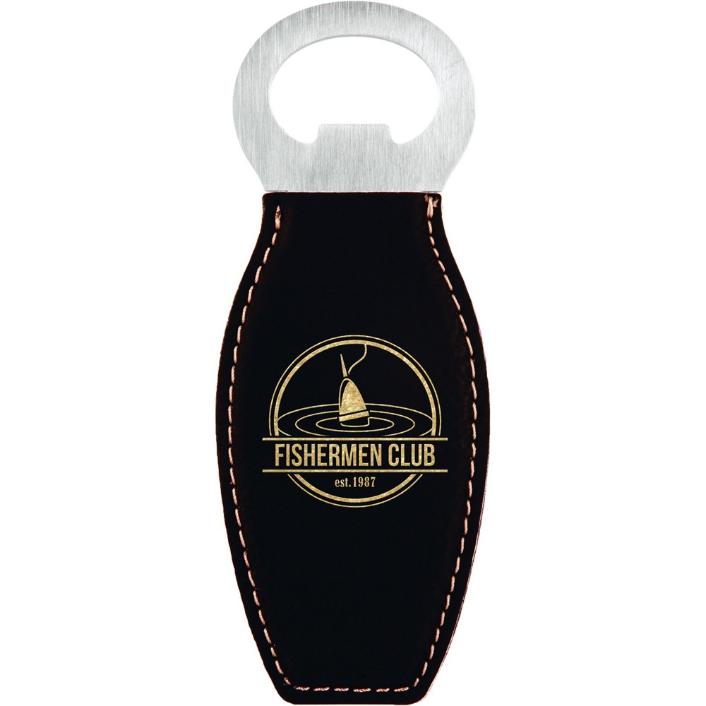 4 5/8" Black/Gold Leatherette Bottle Opener w/Magnet Custom Imprinted