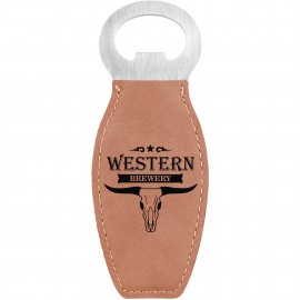 Promotional 4 5/8" Light Brown Leatherette Bottle Opener w/Magnet