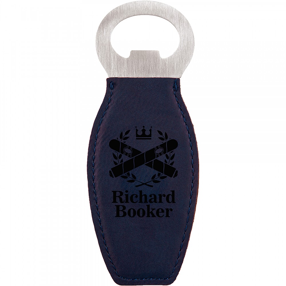 Custom Imprinted Blue Leatherette Bottle Opener with Magnet, Laserable Custom Imprinted Blue Leatherette Bottle Opener with Magnet, Laserable
