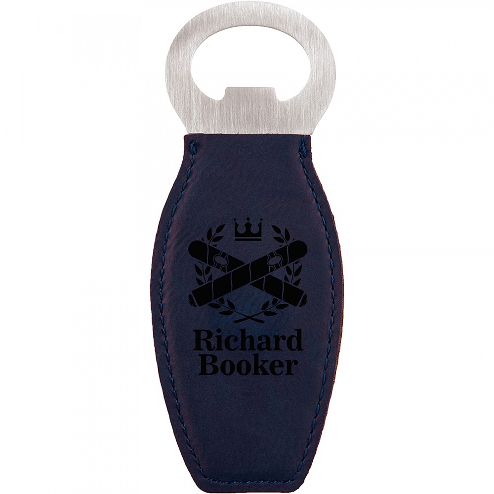 Custom Imprinted Blue Leatherette Bottle Opener with Magnet, Laserable