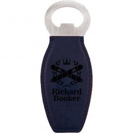 Custom Imprinted Blue Leatherette Bottle Opener with Magnet, Laserable Custom Imprinted Blue Leatherette Bottle Opener with Magnet, Laserable