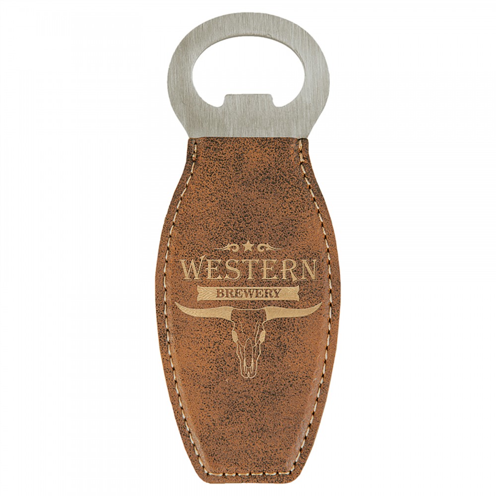Rustic/Gold Leatherette Bottle Opener with Magnet, Laserable Custom Printed