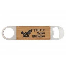 Logo Branded Bamboo 1-1/2"x7" Oval Rectangle Bottle Opener, Laserable Leatherette