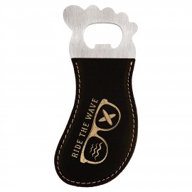 Custom Imprinted Black-Gold Leatherette Foot-Shaped Bottle Opener with Magnet, Laserable  Custom Imprinted Black-Gold Leatherette Foot-Shaped Bottle Opener with Magnet, Laserable
