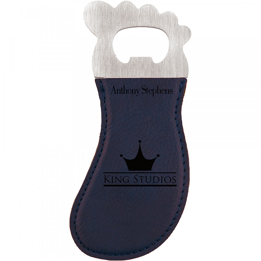 Blue Leatherette Foot-Shaped Bottle Opener with Magnet, Laserable Custom Printed Blue Leatherette Foot-Shaped Bottle Opener with Magnet, Laserable Custom Printed