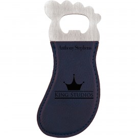 Blue Leatherette Foot-Shaped Bottle Opener with Magnet, Laserable Custom Printed