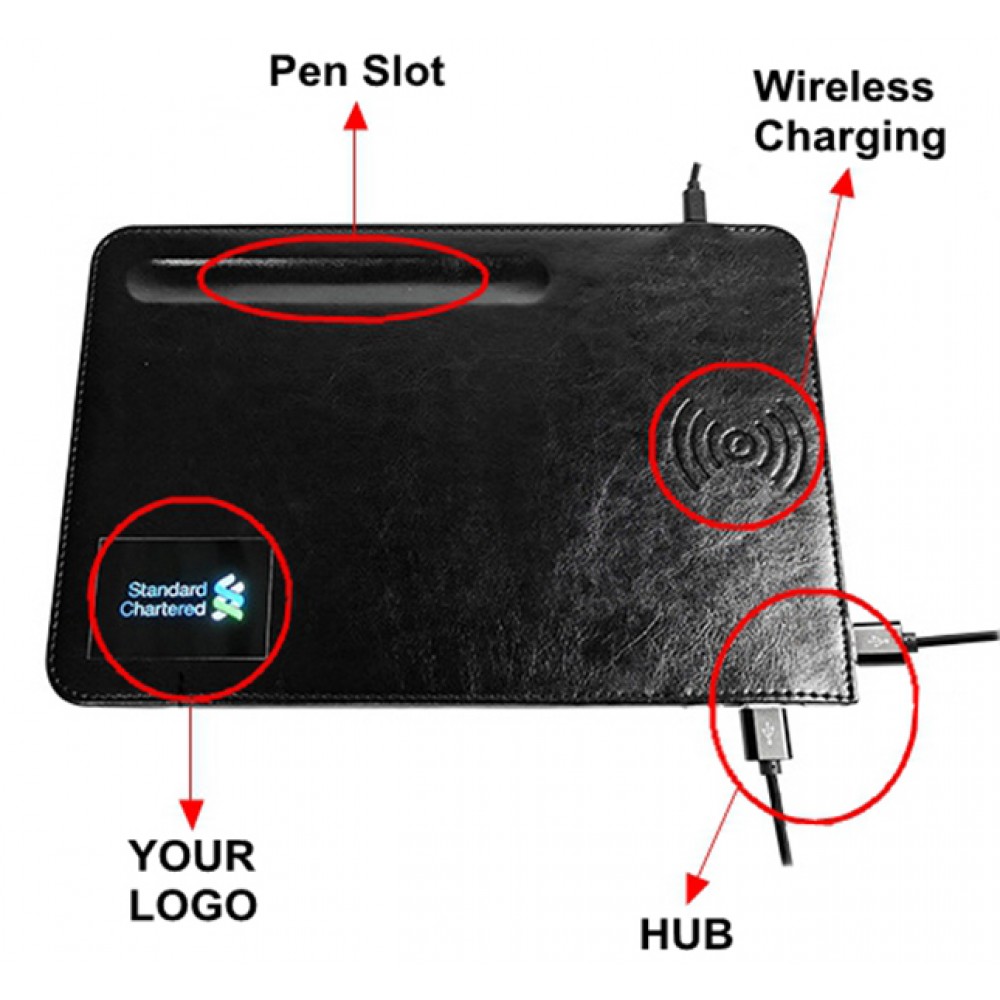 Promotional Leather Wireless Charging Mouse Pad with Pen Slot and HUB 5W