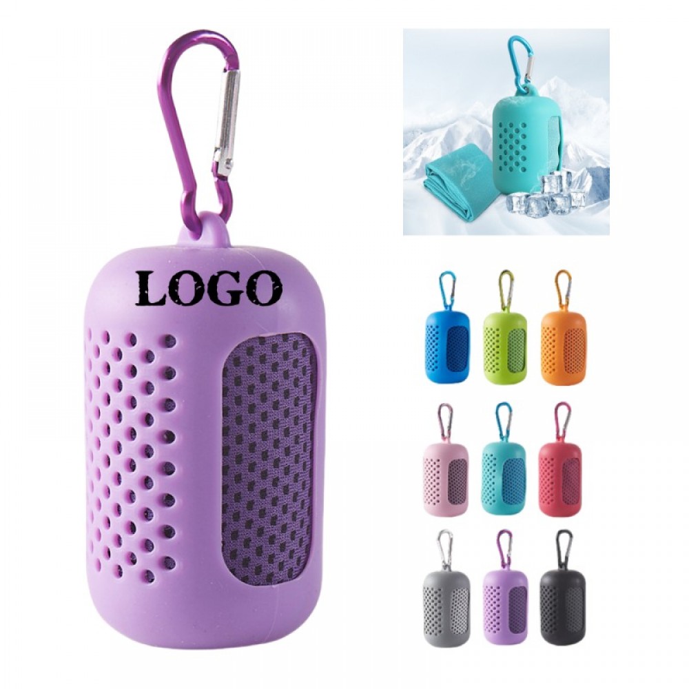 Customized Custom Quick Dry Microfiber Ice Cooling Towel w/Silicone Carrying Case & Metal Carabiner Clip