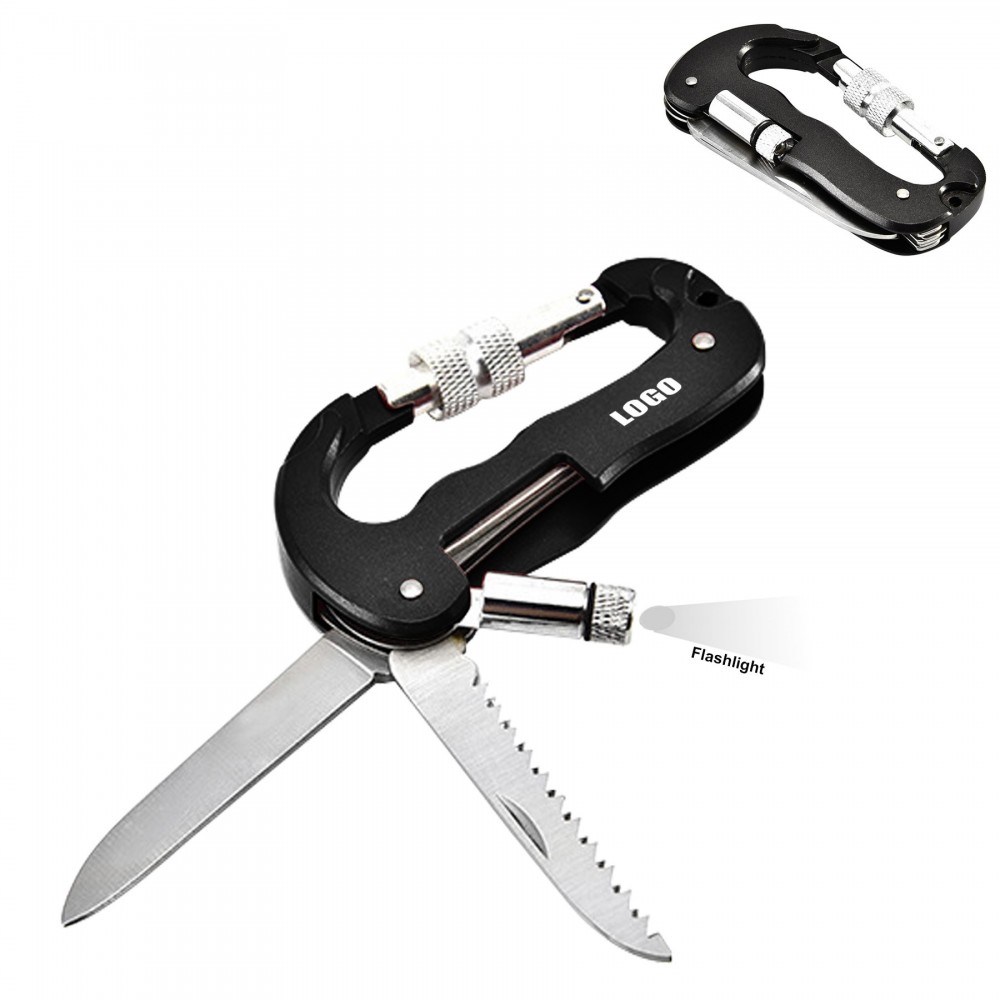 Promotional Versatile Carabiner Multitool Kit With Knife Flashlight